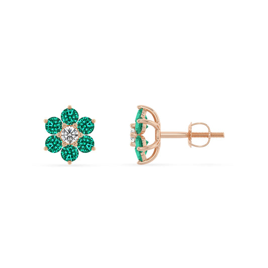 Lab Grown Emerald Round Stud Earrings with Diamond