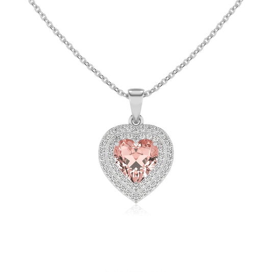 lab grown morganite heart halo necklaces in white gold