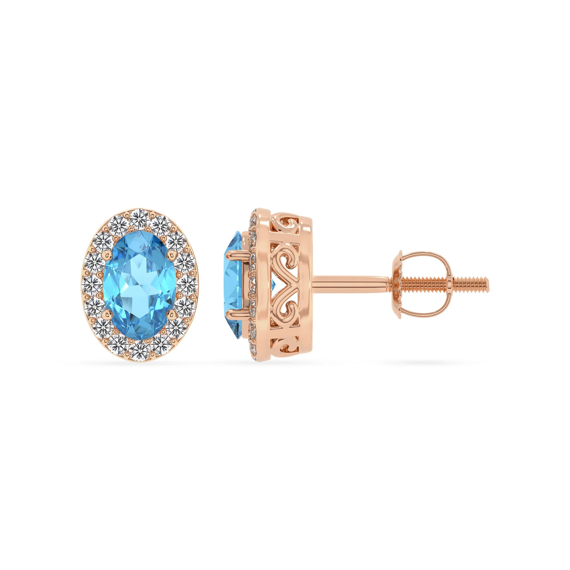 natural swiss blue topaz oval stud earrings in rose gold