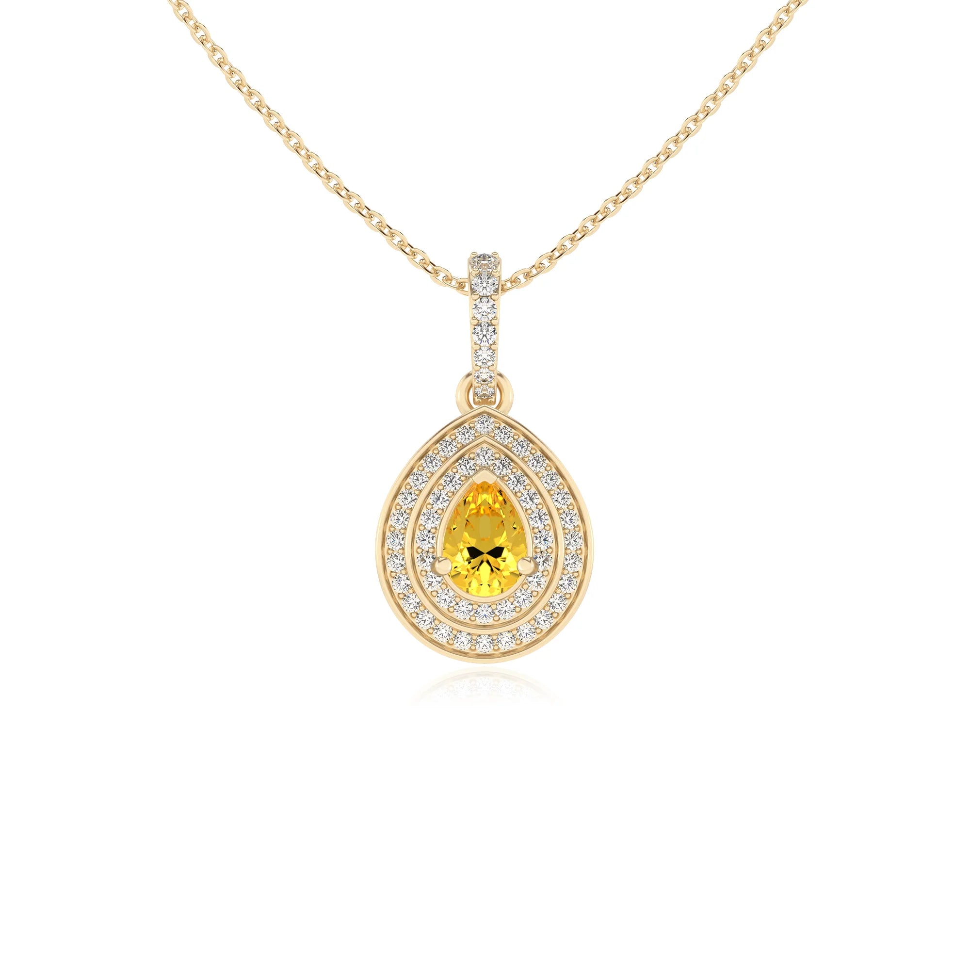 lab grown yellow-sapphire pear halo necklaces in yellow gold