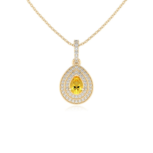 lab grown yellow-sapphire pear halo necklaces in yellow gold
