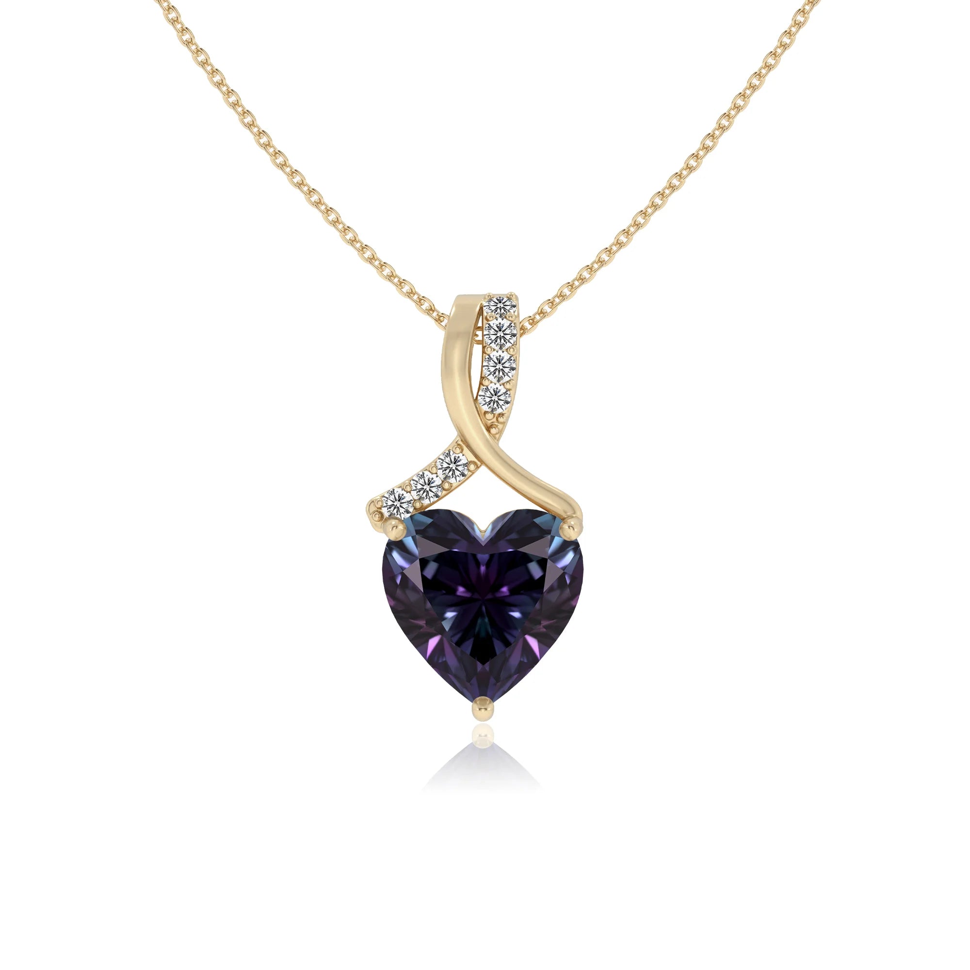lab grown alexandrite heart solitaire necklaces in yellow gold