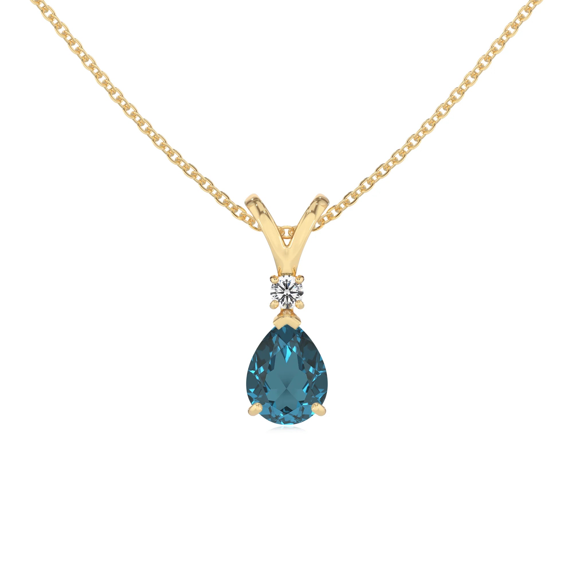 natural london-blue-topaz pear solitaire v-bale necklaces in yellow gold