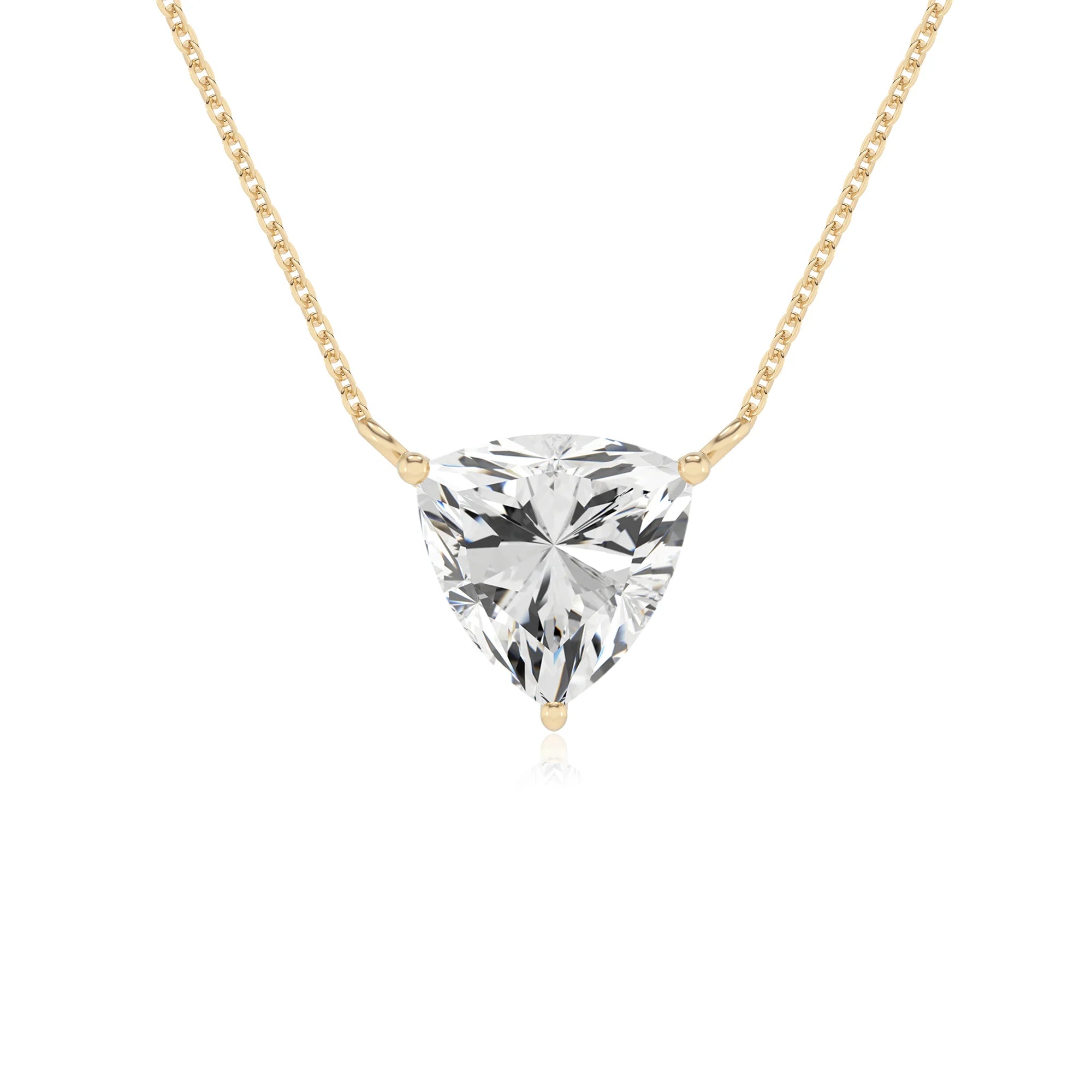 lab grown moissanite trillion solitaire necklaces in yellow gold