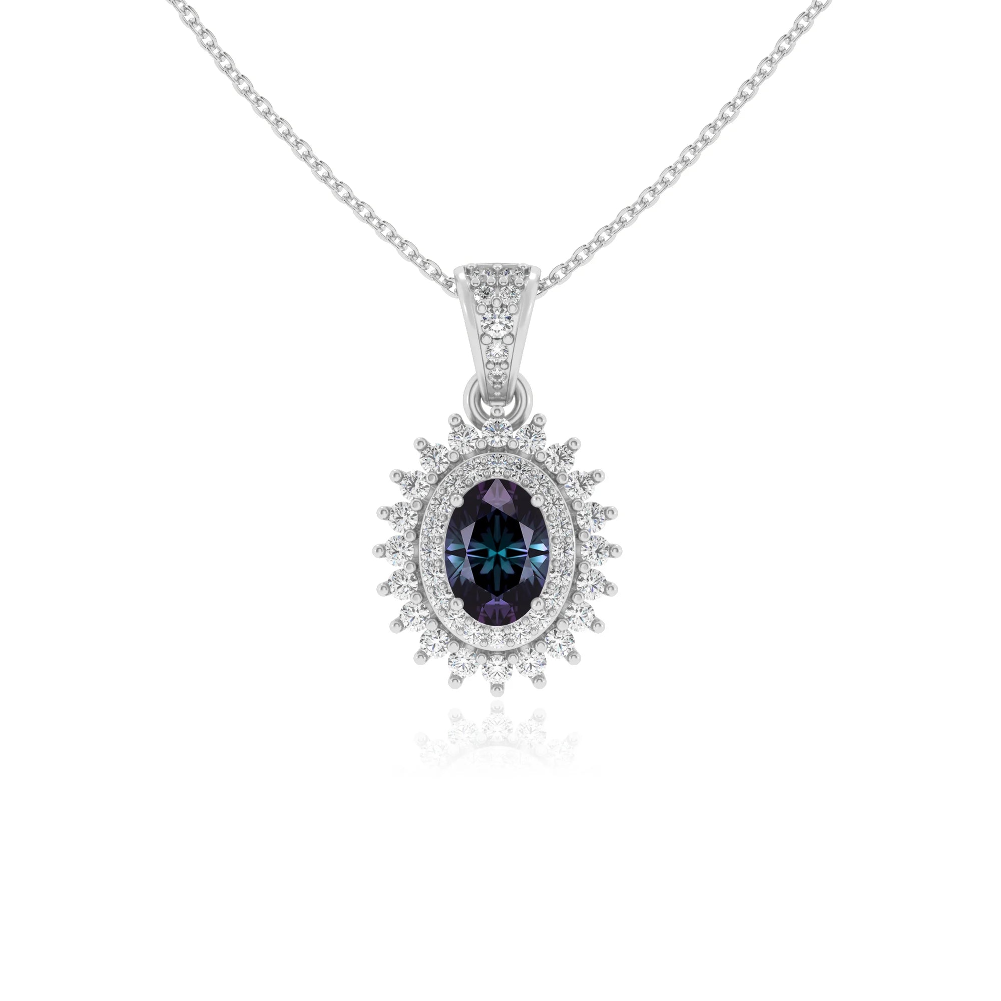 lab grown alexandrite oval halo necklaces in platinum