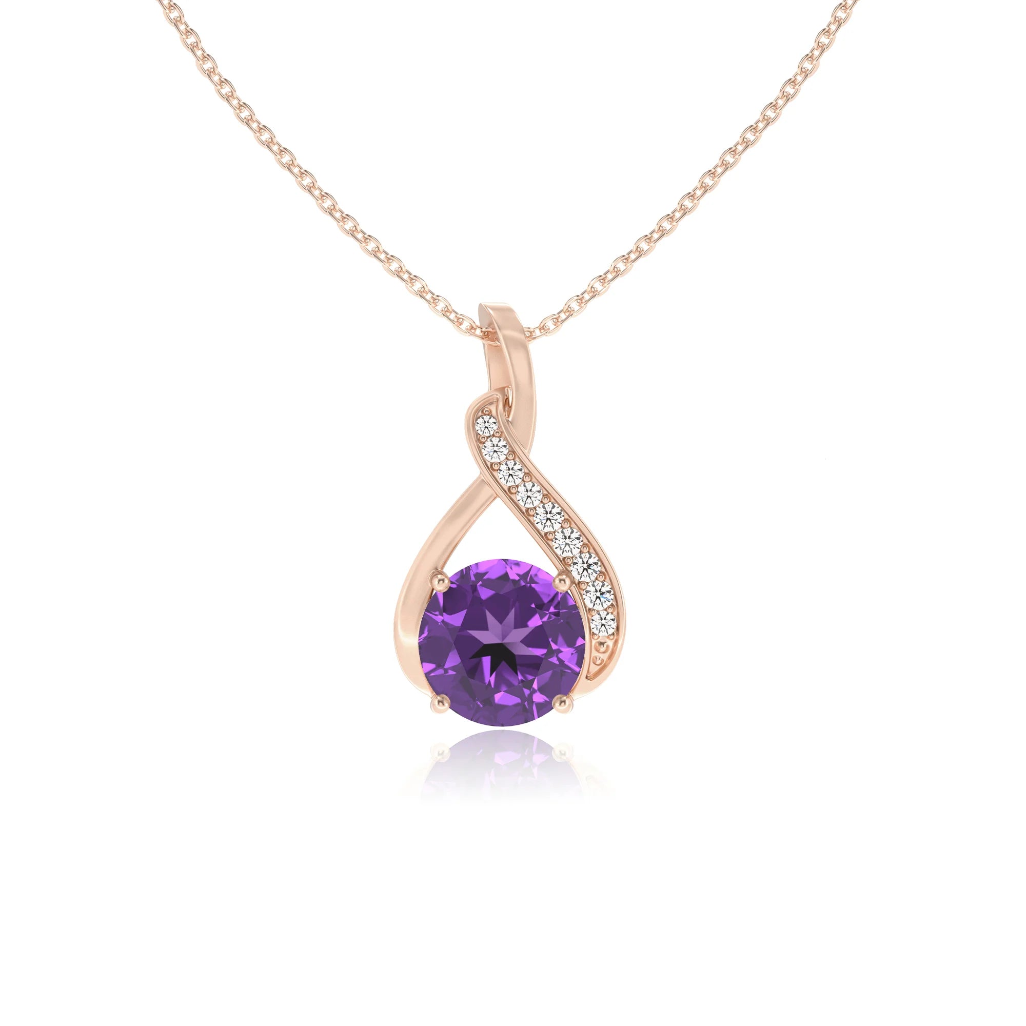 lab grown amethyst round solitaire necklaces in rose gold