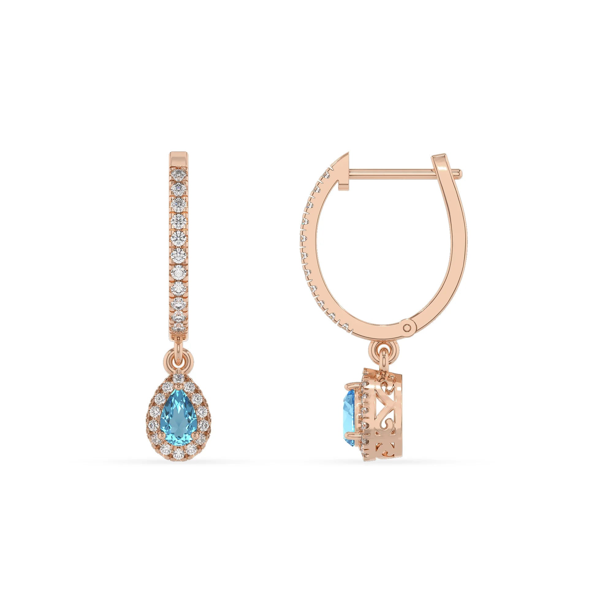 natural swiss blue topaz pear drop earrings in rose gold