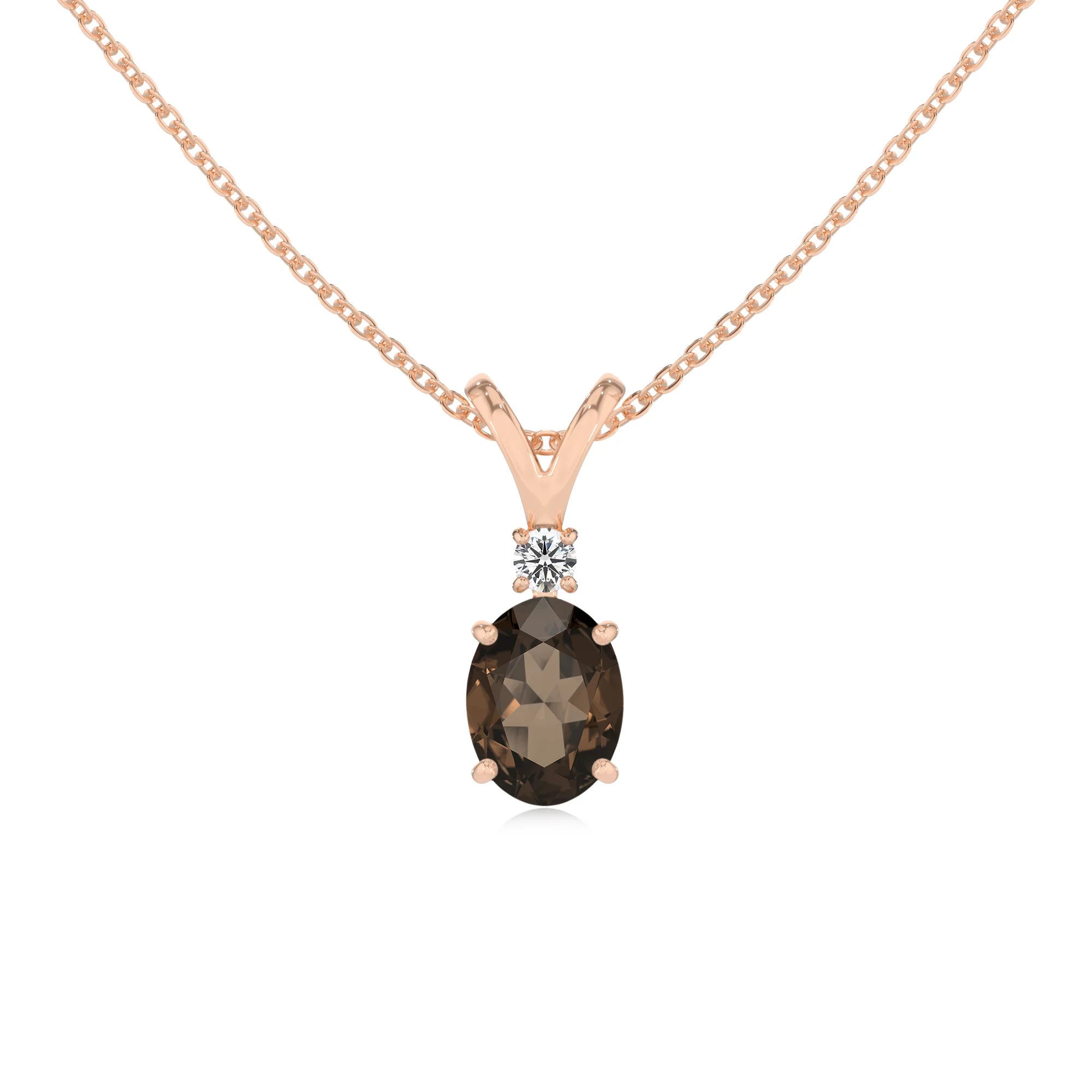 natural smoky-quartz oval solitaire v-bale necklaces in rose gold
