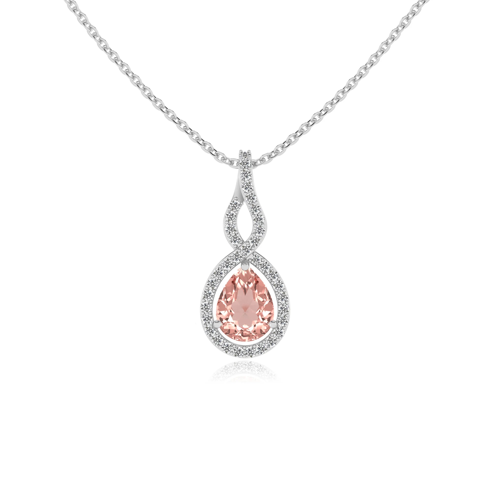 lab grown morganite pear necklaces in white gold