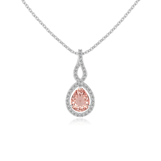 lab grown morganite pear necklaces in white gold