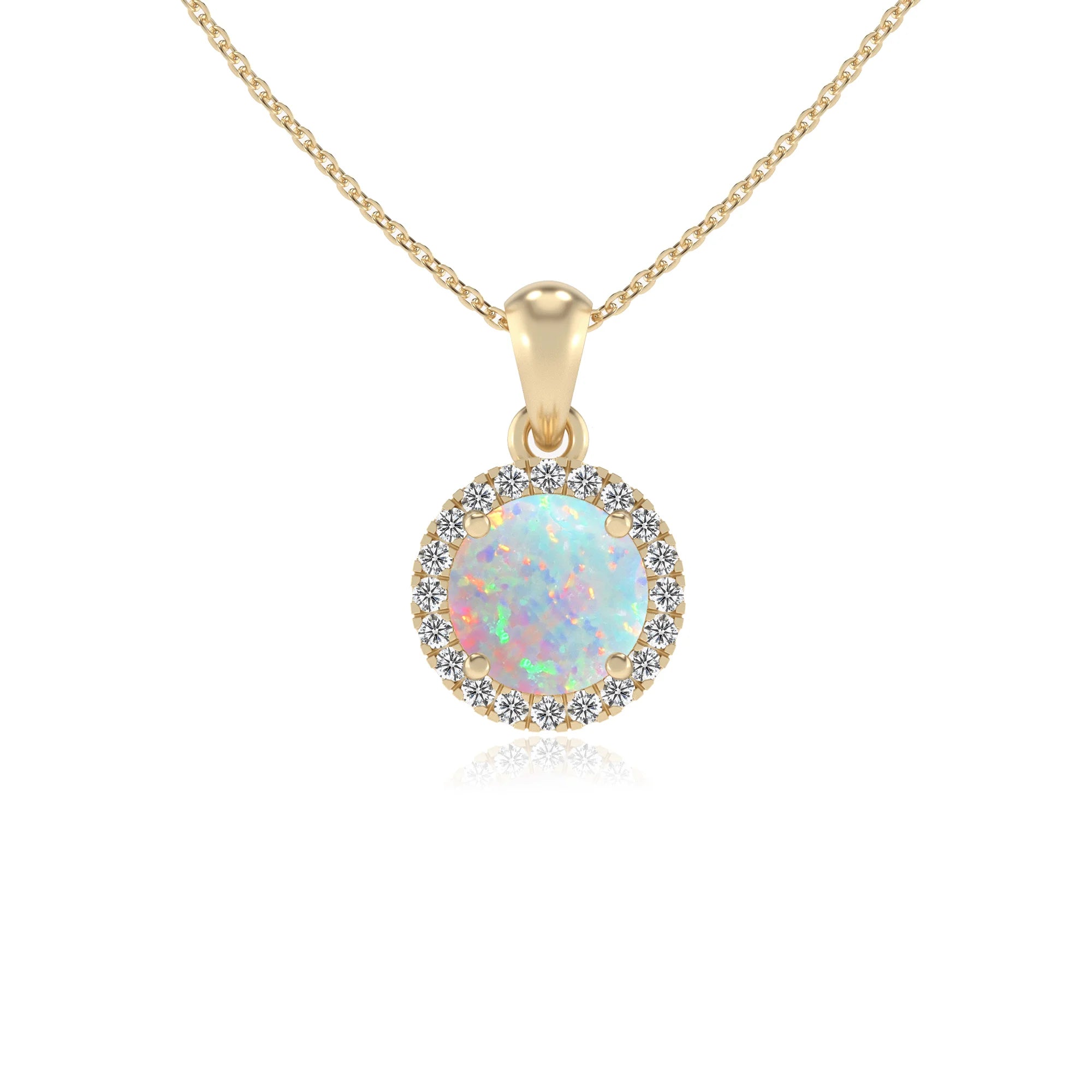 lab grown opal round solitaire necklaces in yellow gold