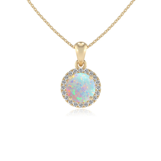 lab grown opal round solitaire necklaces in yellow gold