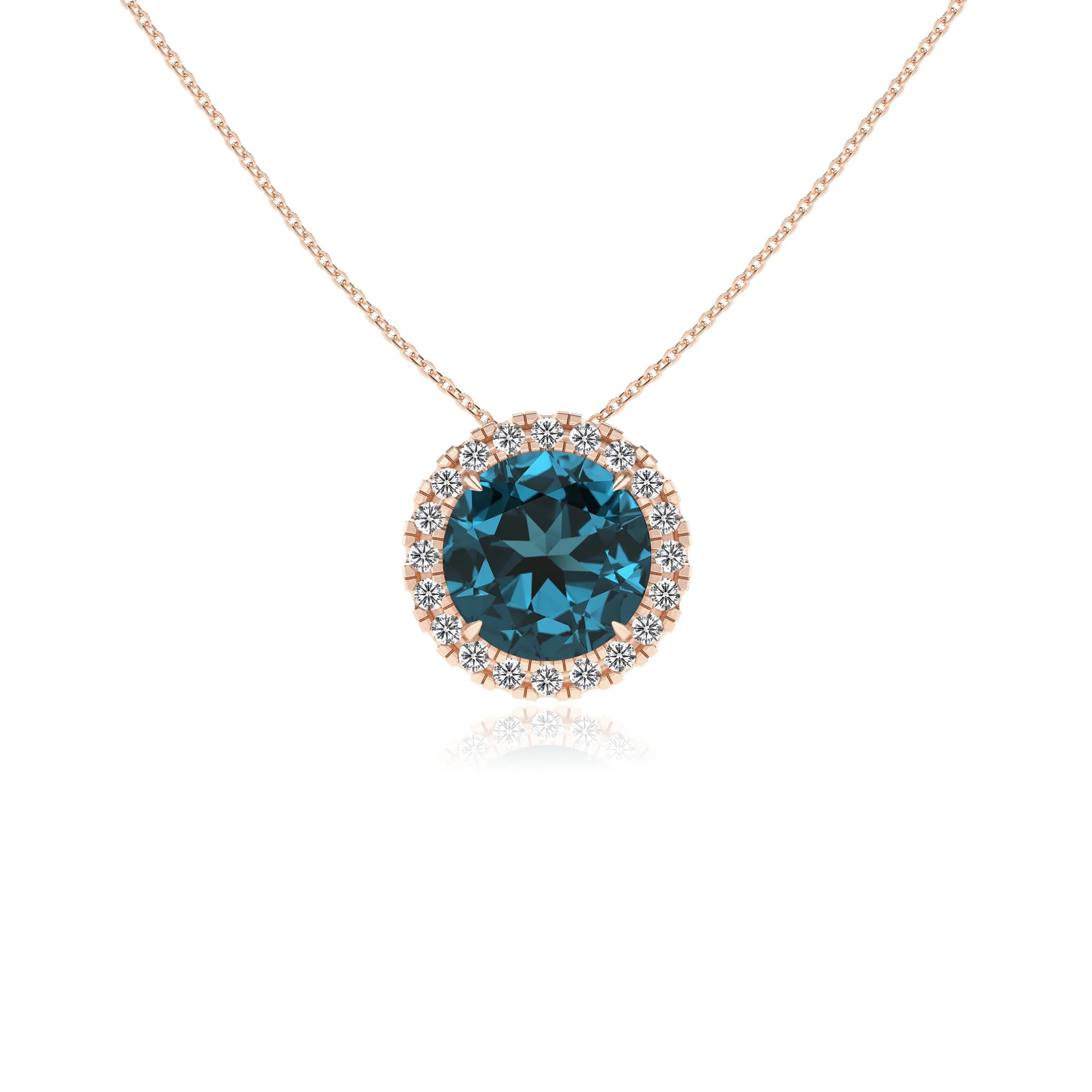 natural london blue topaz round solitaire necklaces in rose gold