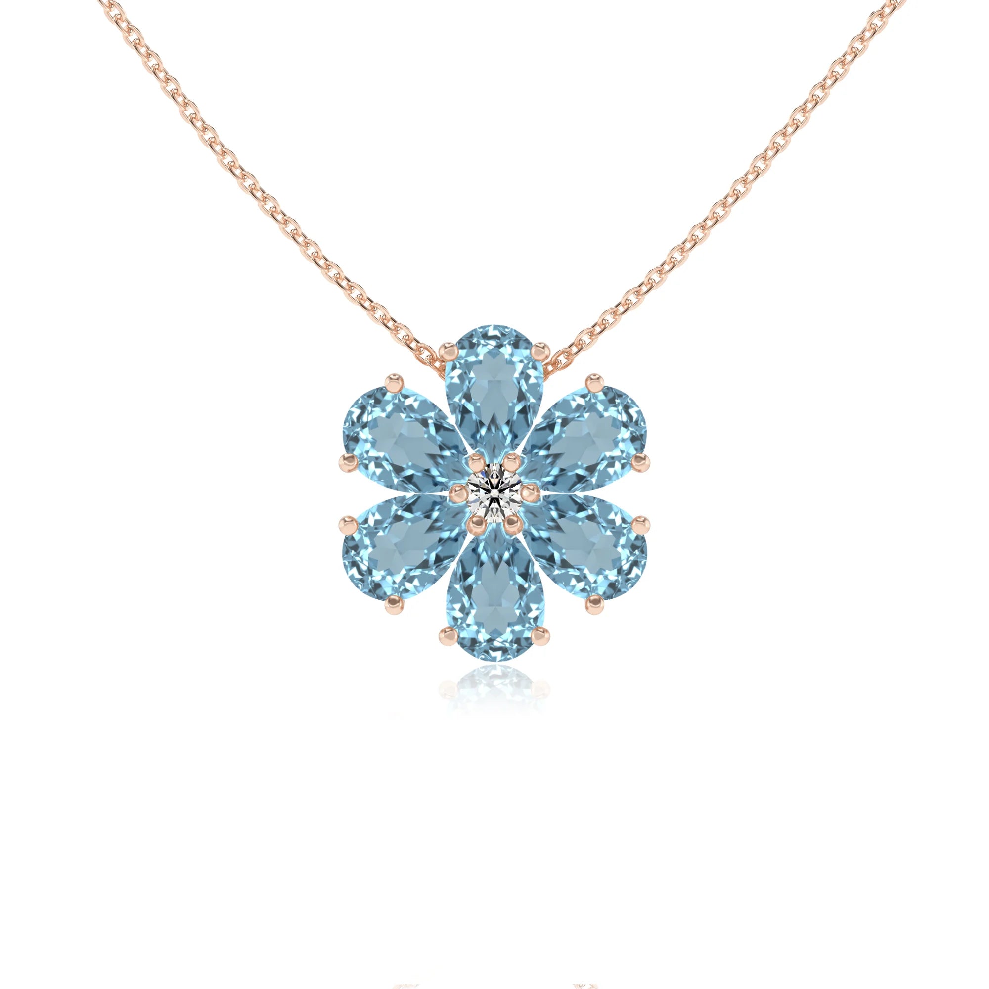 lab grown aquamarine pear solitaire necklaces in rose gold