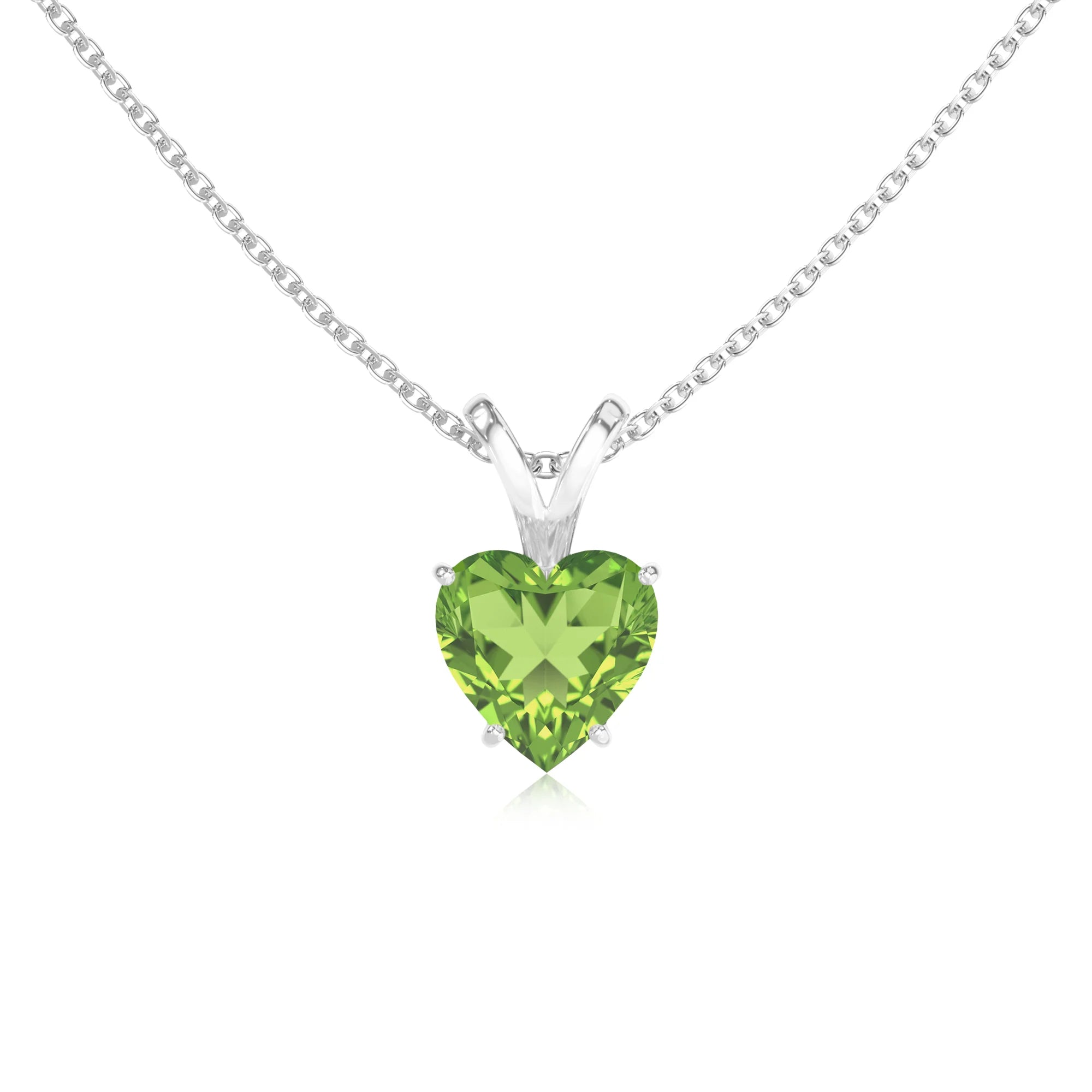 natural peridot heart solitaire v-bale necklaces in white gold