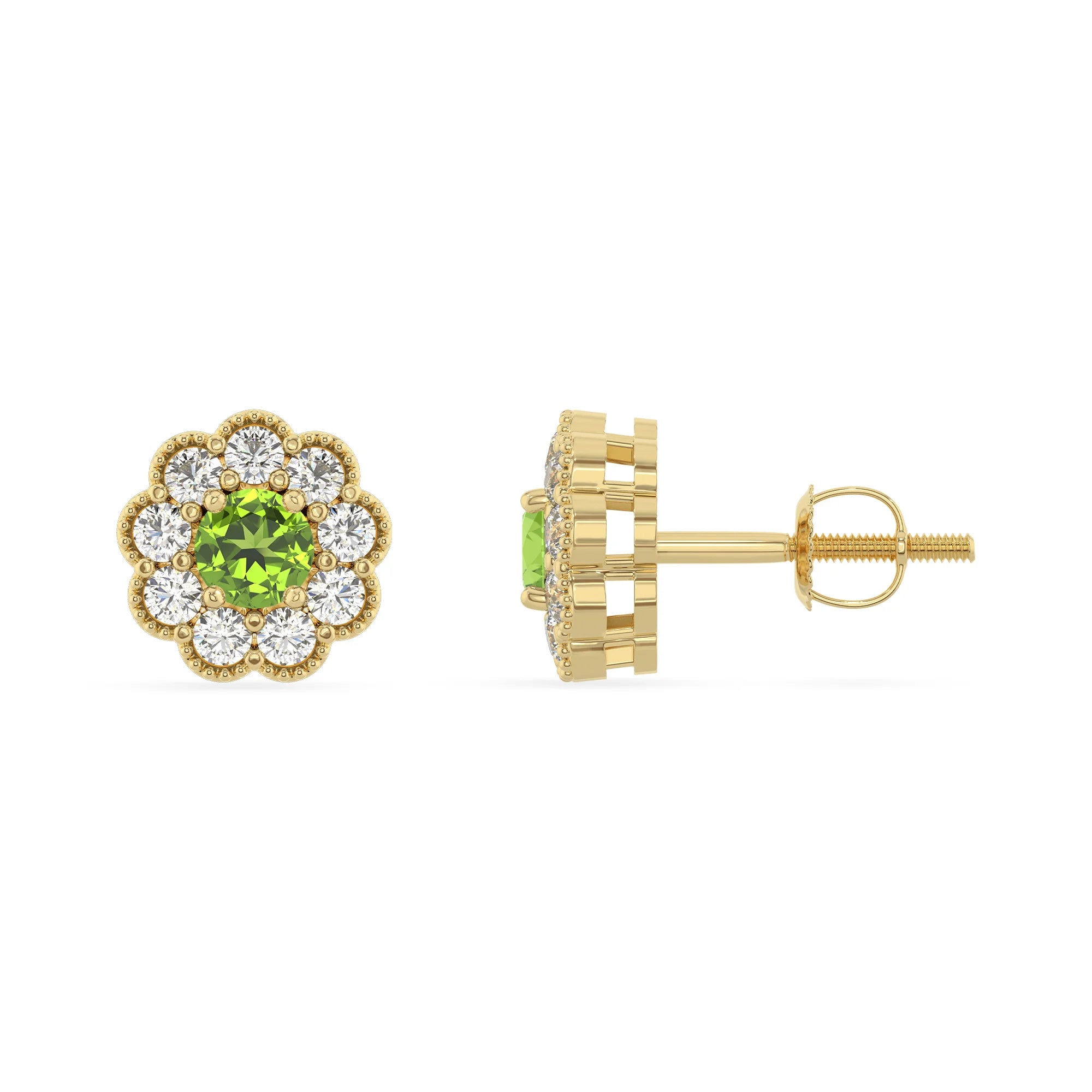 natural peridot round stud earrings in yellow gold