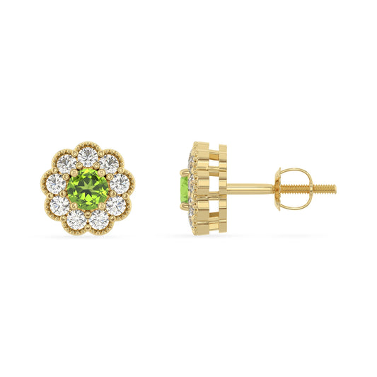 natural peridot round stud earrings in yellow gold