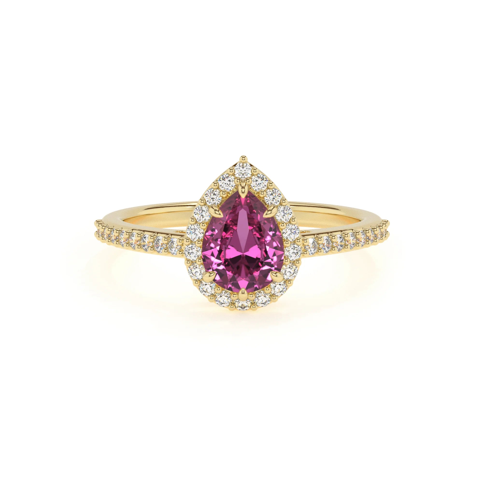 lab grown pink-sapphire pear solitaire rings in yellow gold