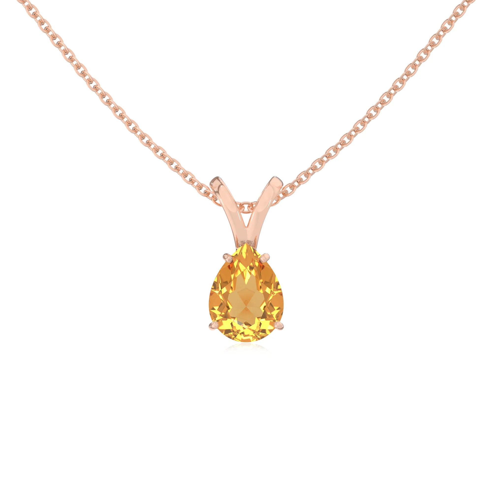 lab grown citrine pear solitaire v-bale necklaces in rose gold
