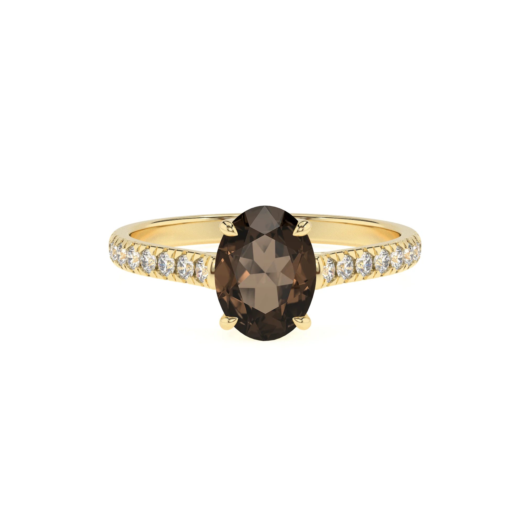 natural smoky-quartz oval half eternity solitaire engagement rings in yellow gold