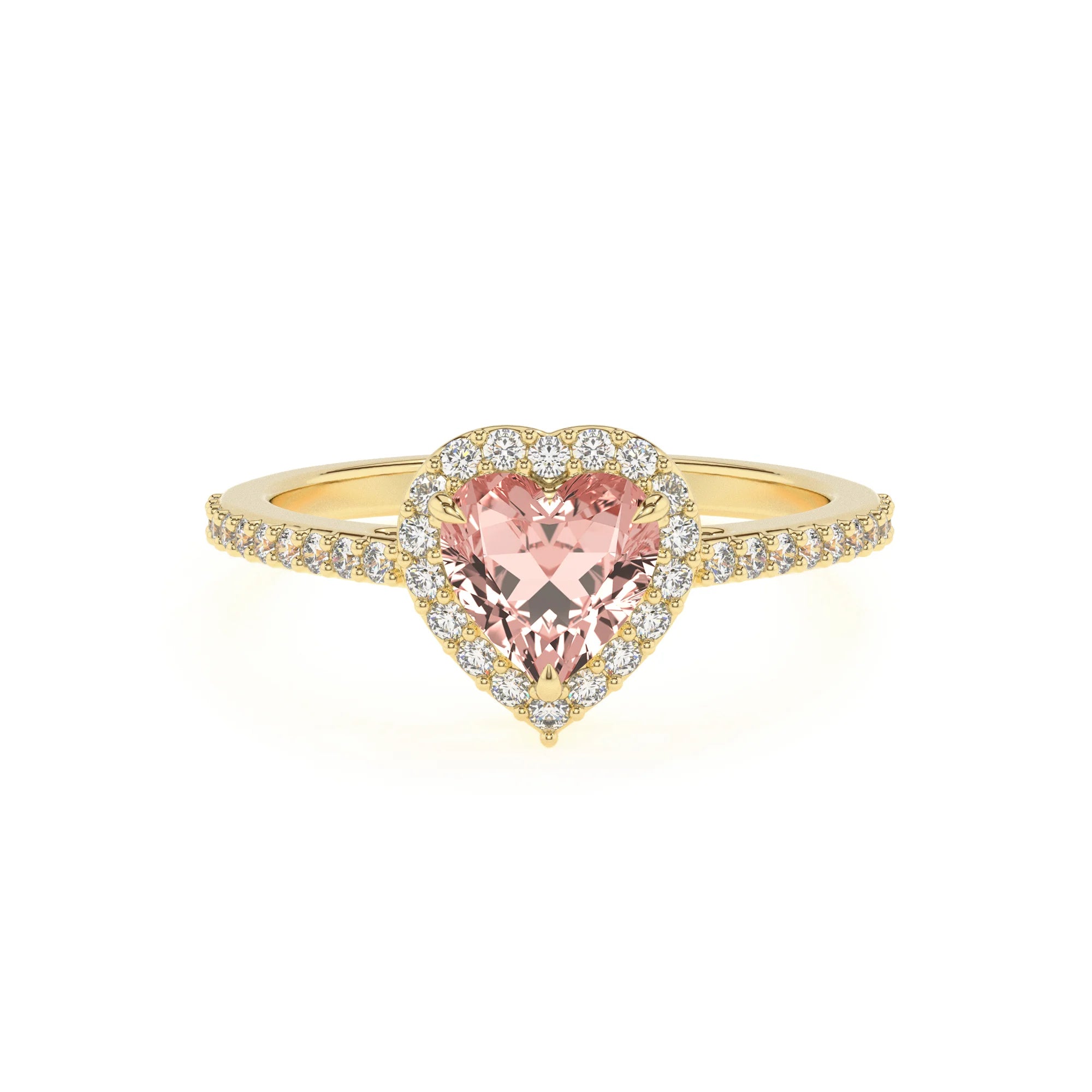 lab grown morganite heart solitaire rings in yellow gold