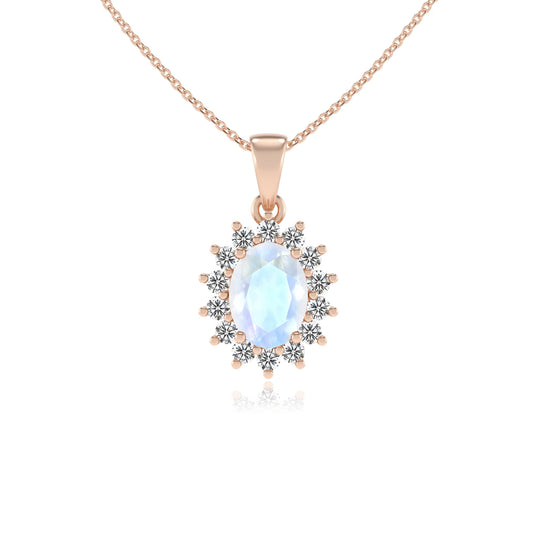 natural rainbow-moonstone oval halo necklaces in rose gold