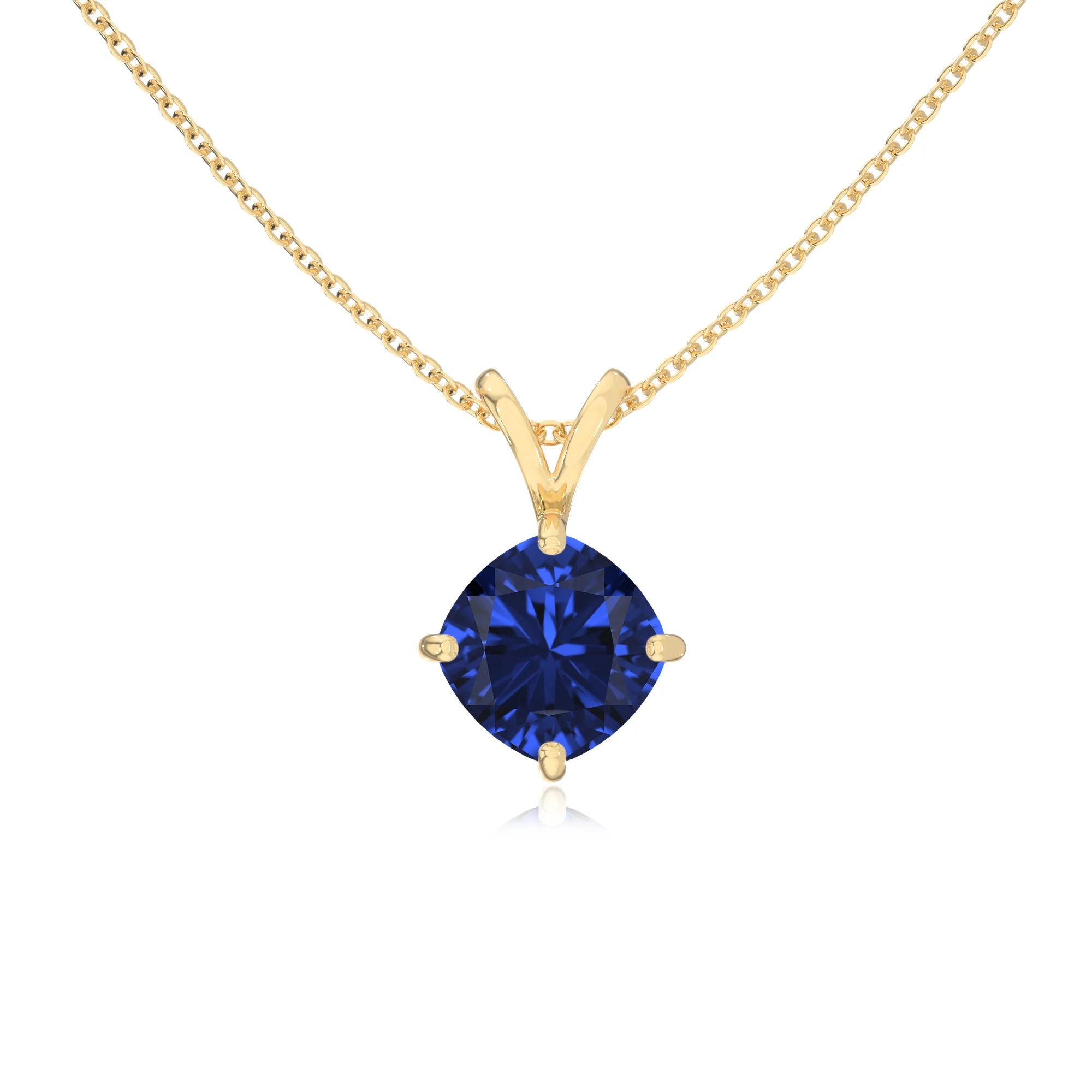 lab grown blue-sapphire cushion solitaire v-bale necklaces in yellow gold