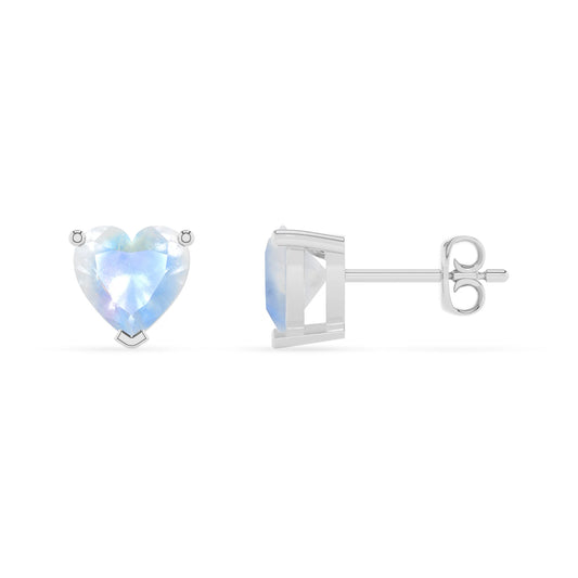 natural rainbow moonstone heart stud earrings in platinum