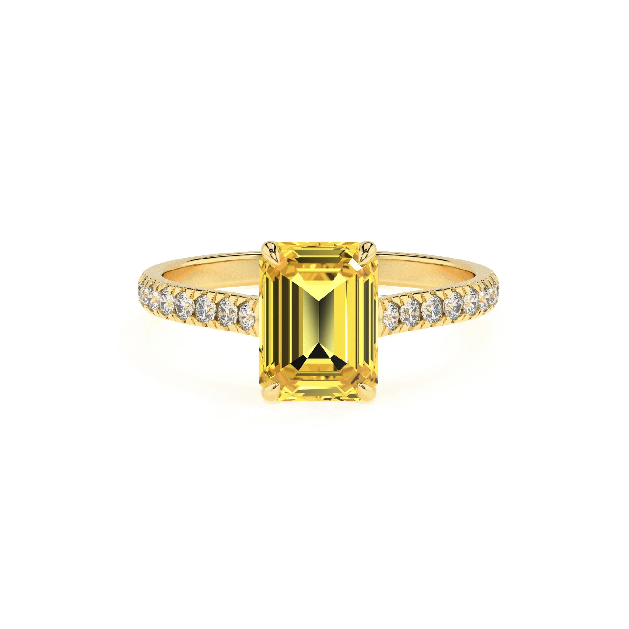 lab grown yellow-sapphire emerald cut half eternity solitaire engagement rings in yellow gold