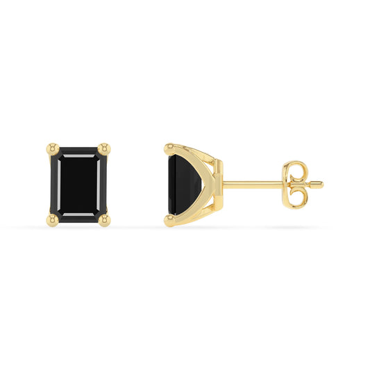 natural black onyx emerald cut stud earrings in yellow gold