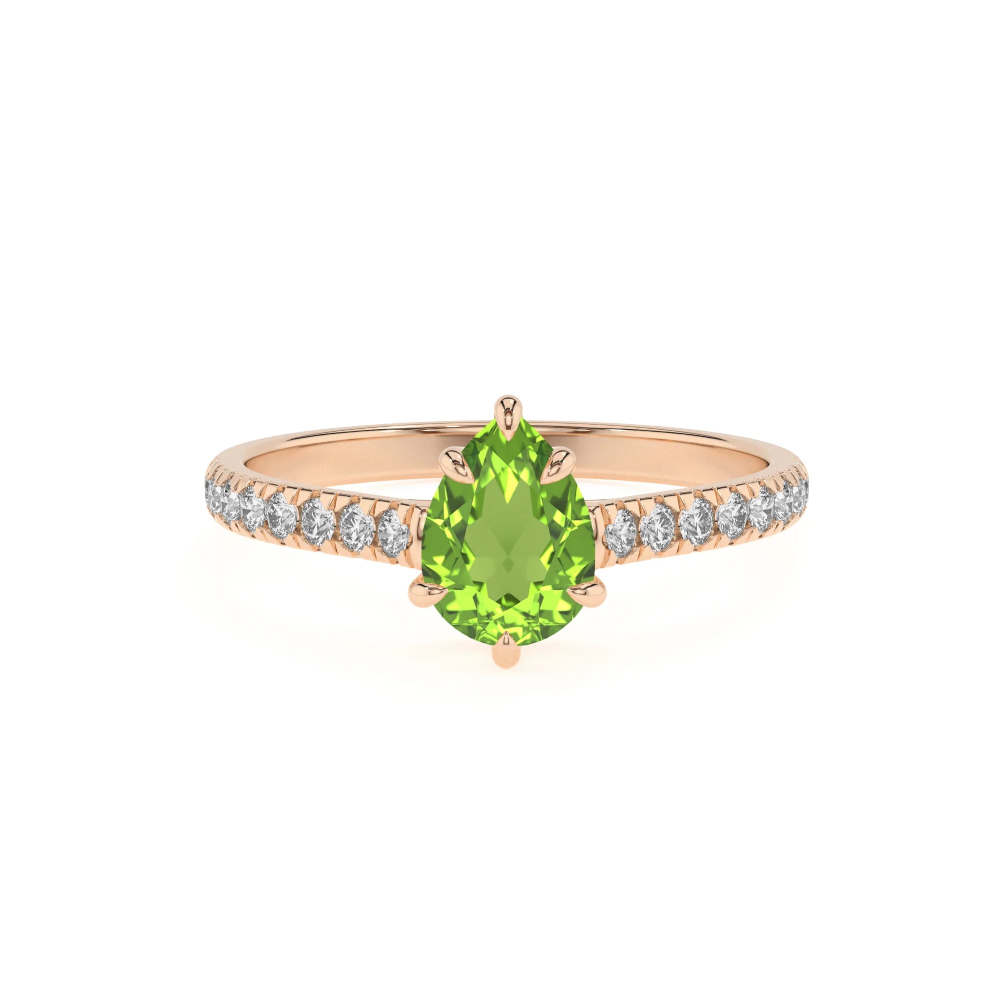 natural peridot pear half eternity solitaire engagement rings in rose gold