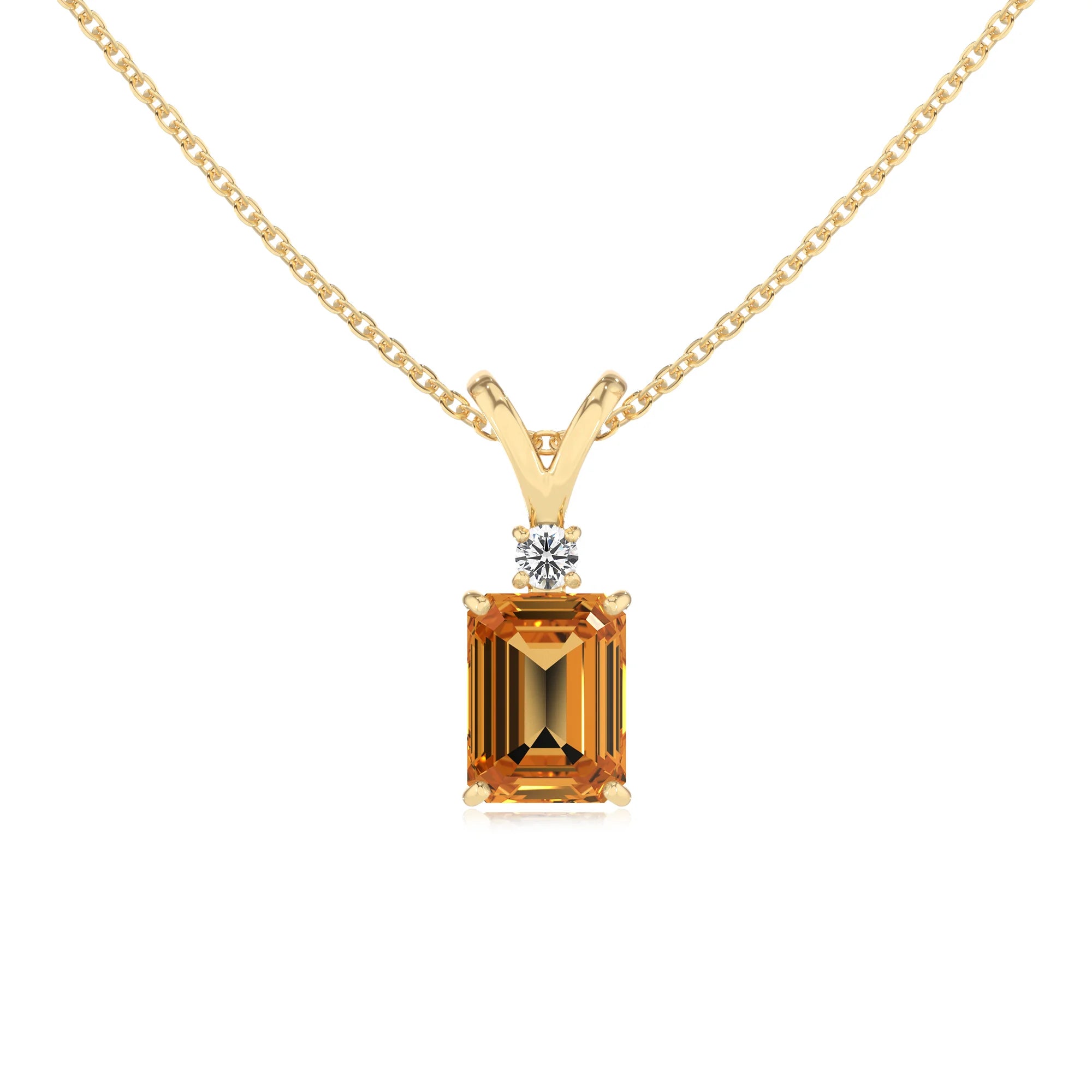 lab grown citrine emerald cut solitaire v-bale necklaces in yellow gold