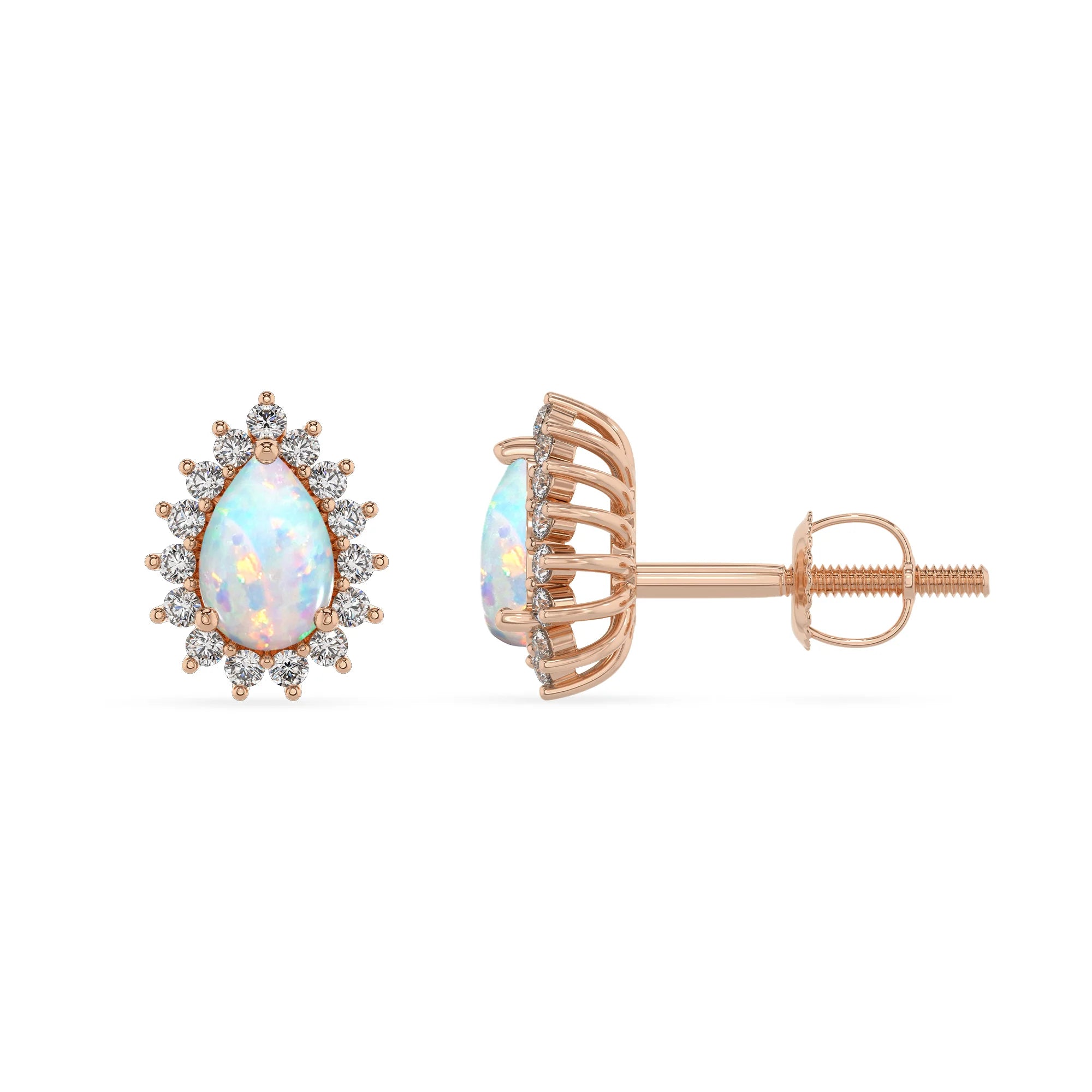 lab grown opal pear stud earrings in rose gold