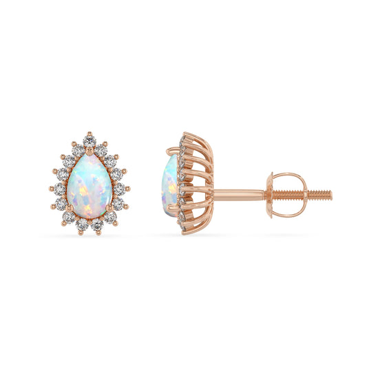 lab grown opal pear stud earrings in rose gold