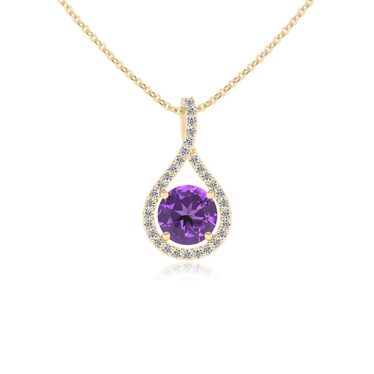 lab grown amethyst round solitaire necklaces in yellow gold