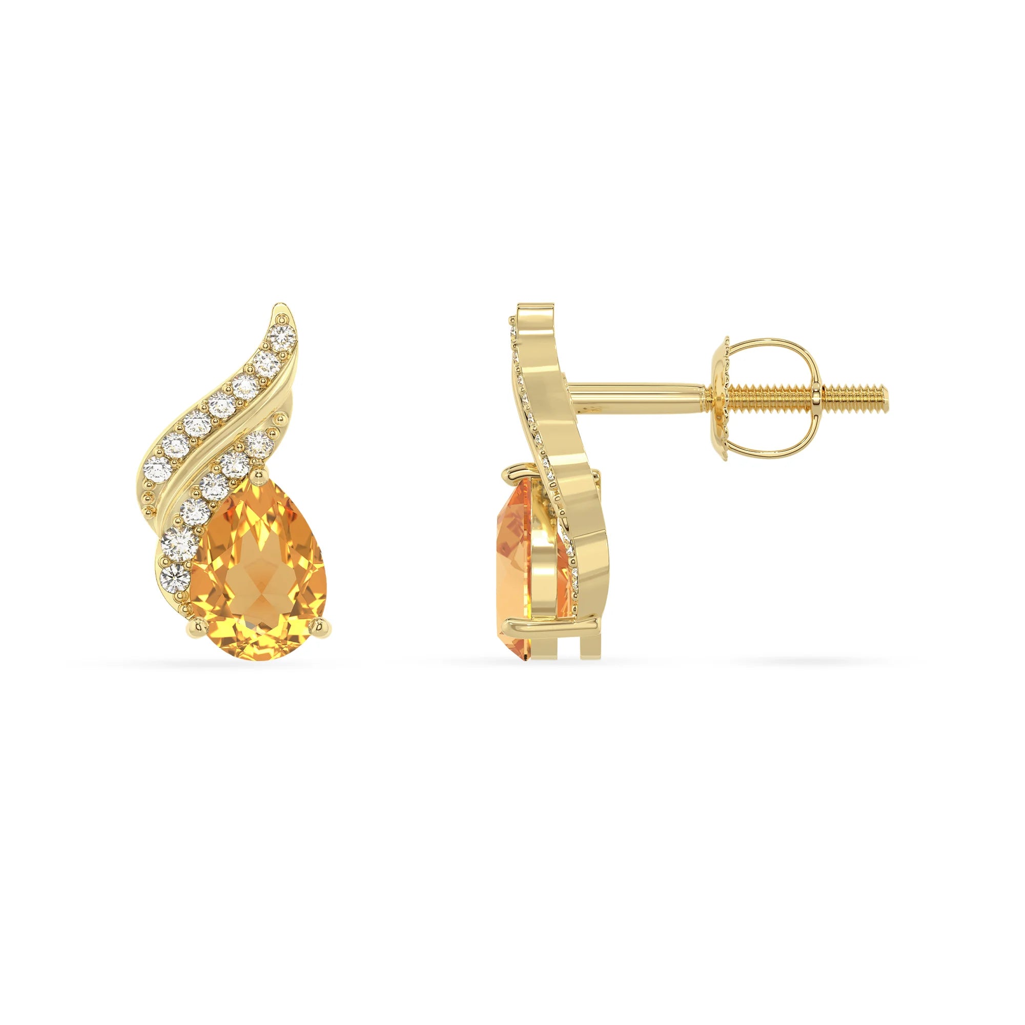 lab grown citrine pear stud earrings in yellow gold