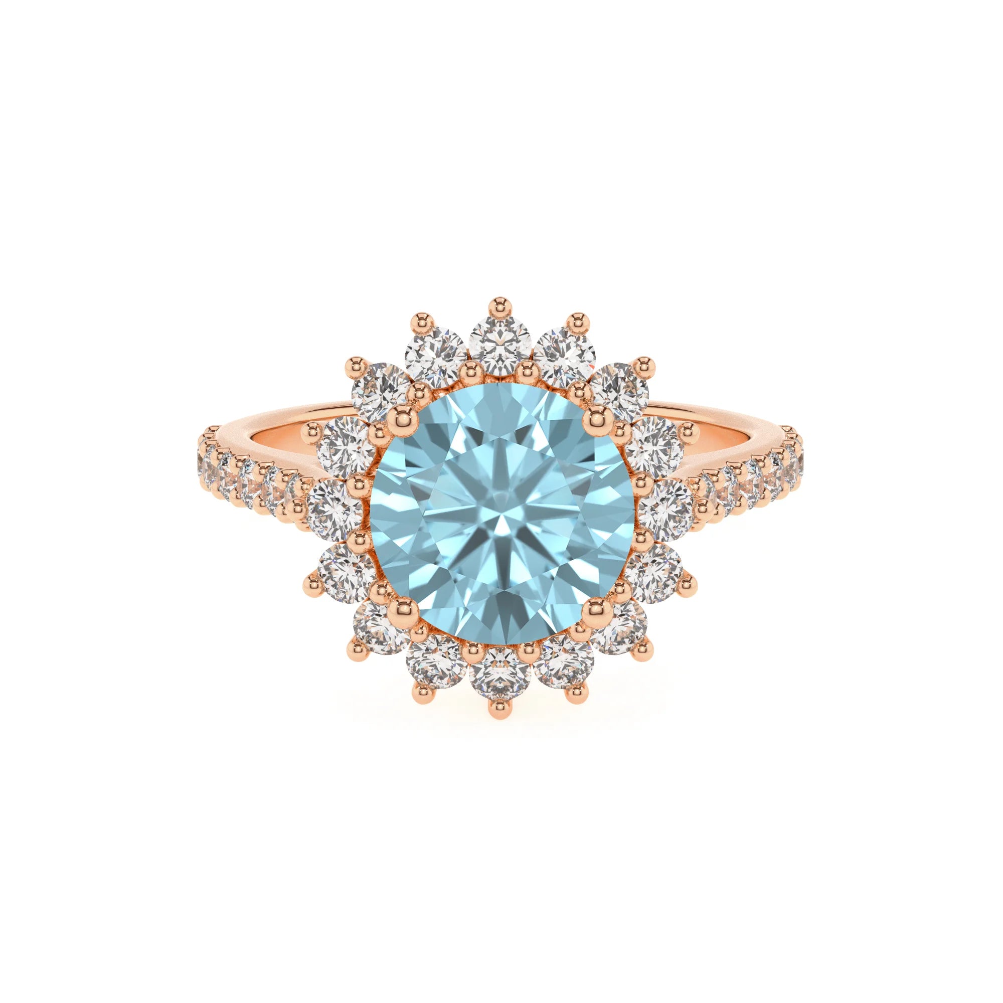 lab grown aquamarine round solitaire rings in rose gold
