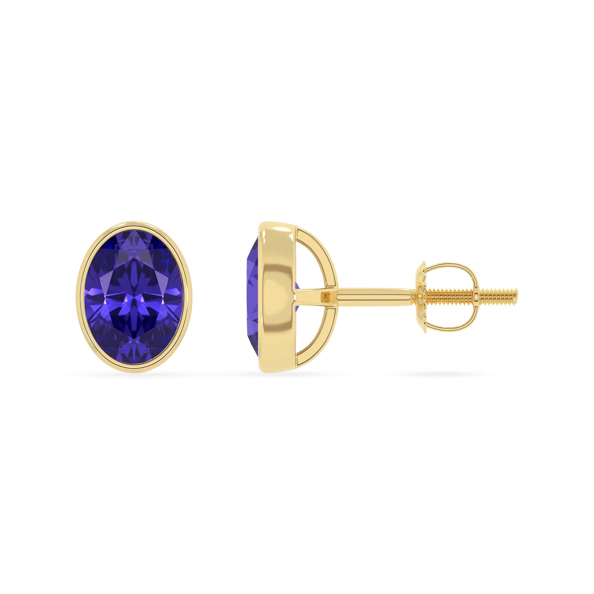lab grown tanzanite oval stud earrings in yellow gold