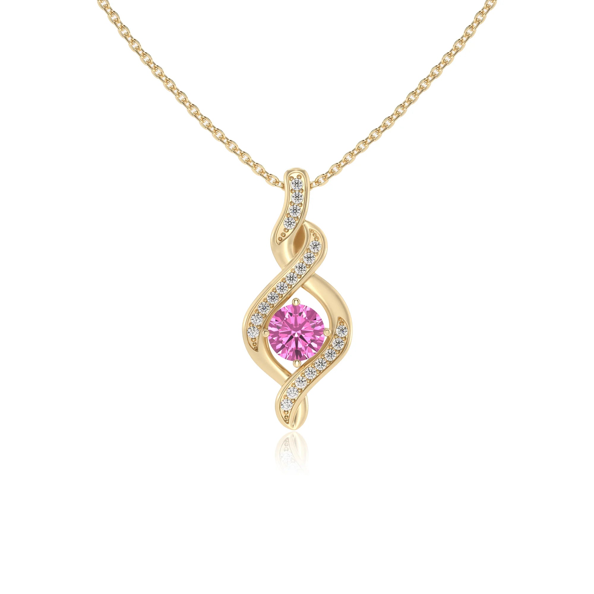 lab grown pink-sapphire round solitaire necklaces in yellow gold