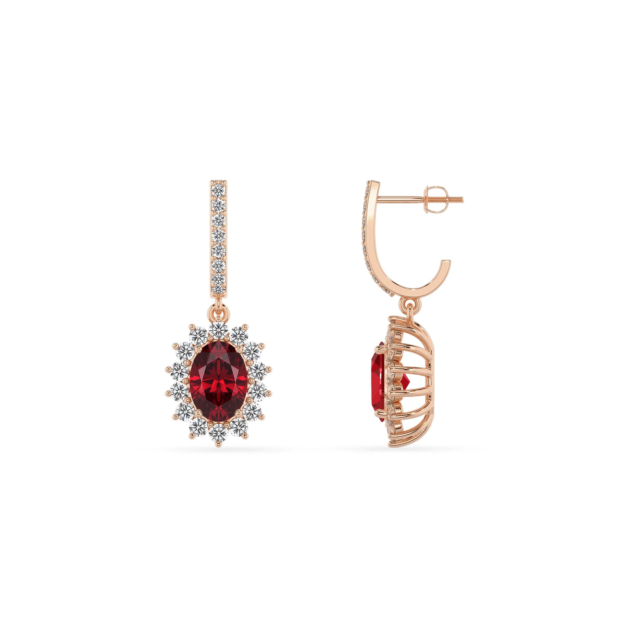 lab grown ruby oval drop earrings in rose gold