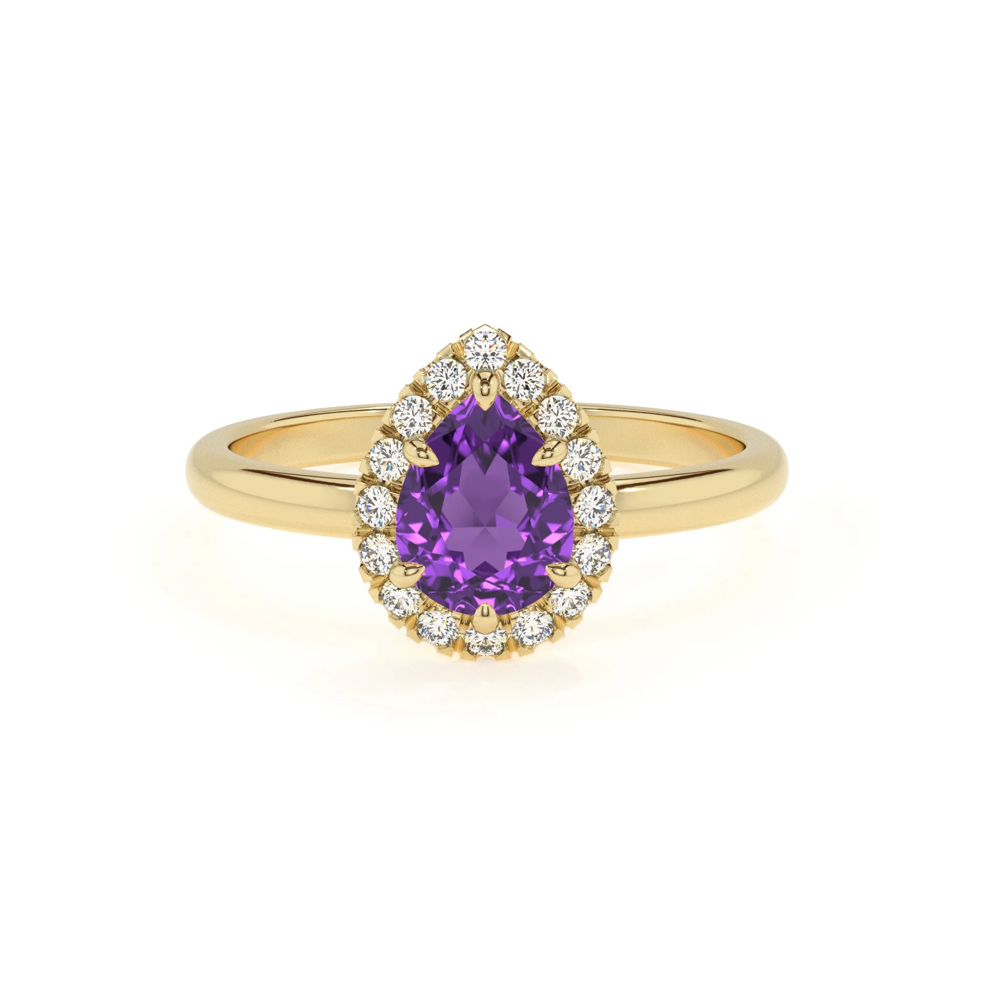 lab grown amethyst pear solitaire rings in yellow gold