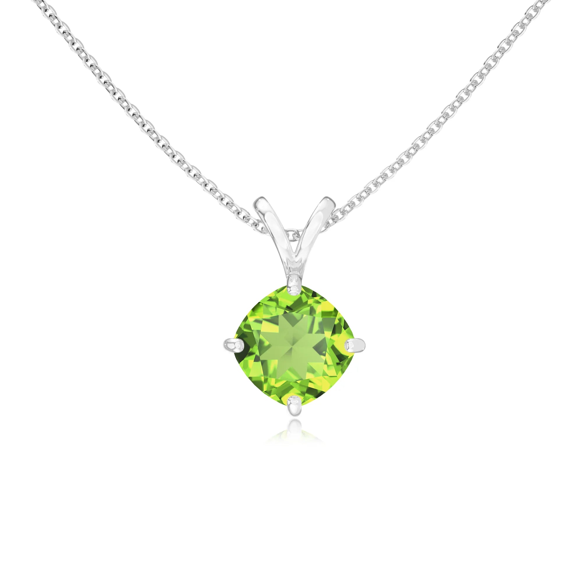 natural peridot cushion solitaire v-bale necklaces in platinum