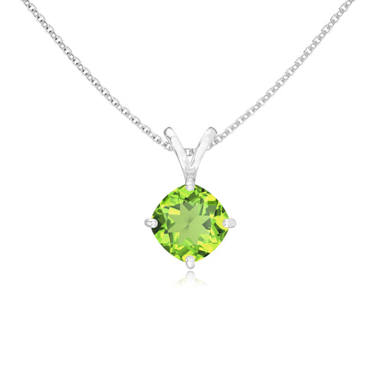 natural peridot cushion solitaire v-bale necklaces in platinum