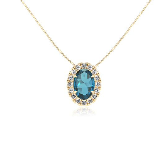natural london blue topaz oval solitaire necklaces in yellow gold