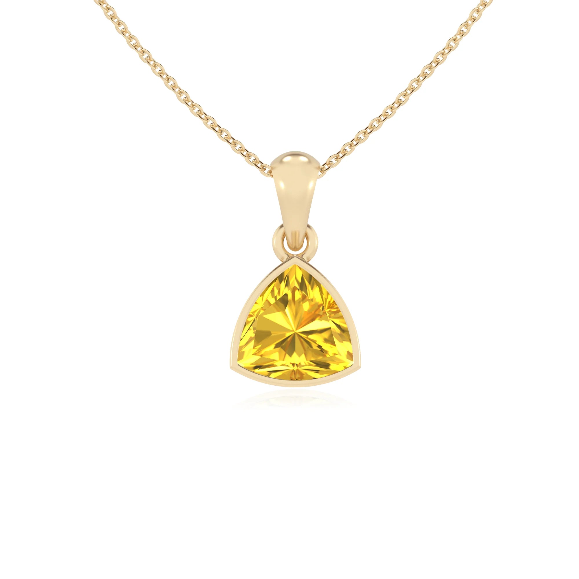 lab grown yellow-sapphire trillion solitaire necklaces in yellow gold