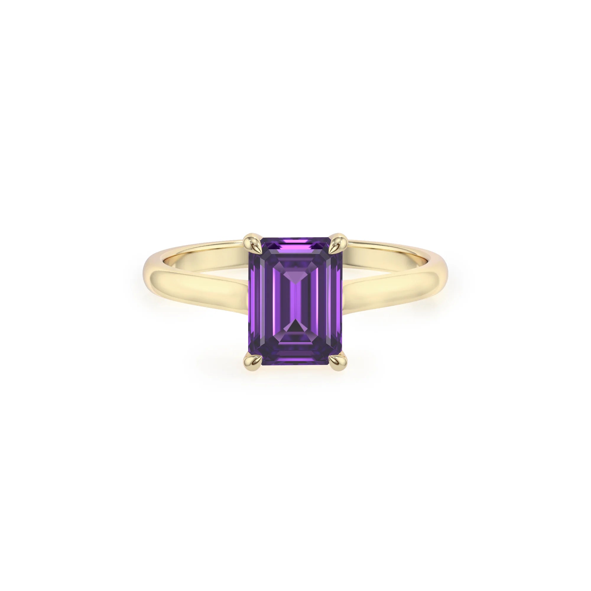 lab grown amethyst emerald cut solitaire rings in yellow gold
