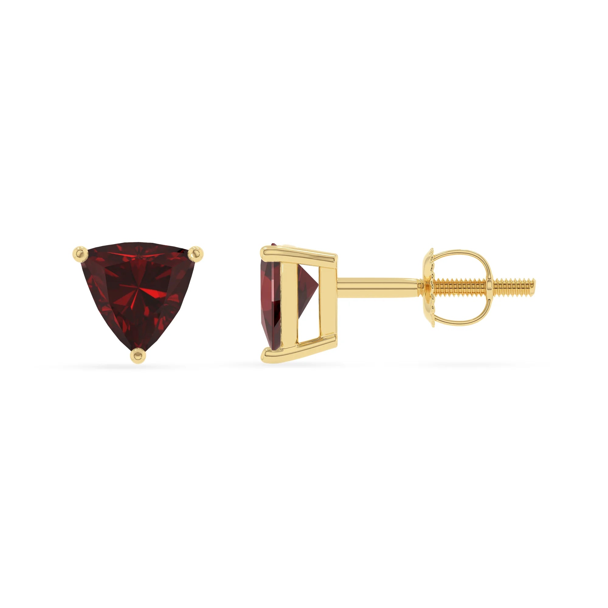 natural garnet trillion stud earrings in yellow gold