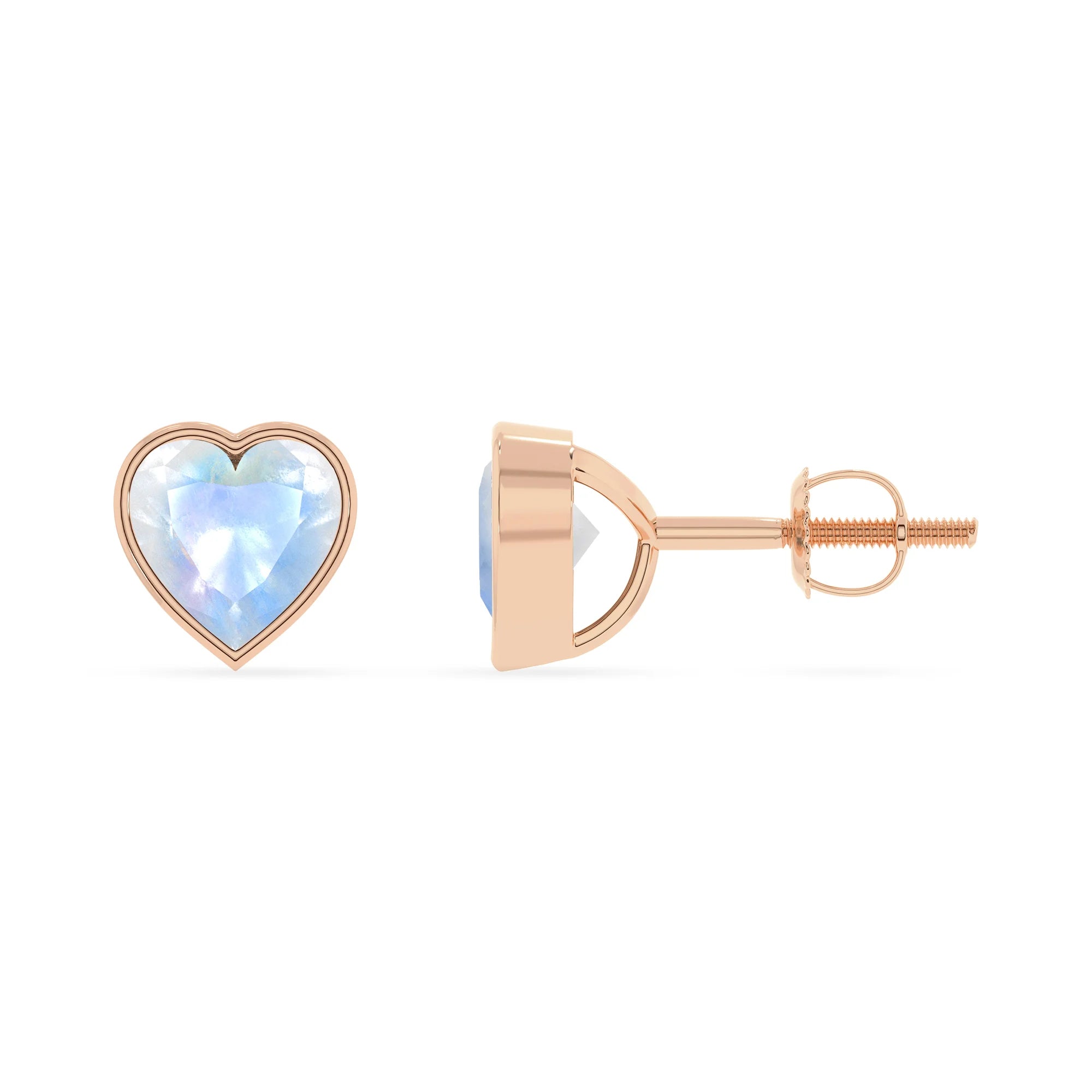natural rainbow moonstone heart stud earrings in rose gold