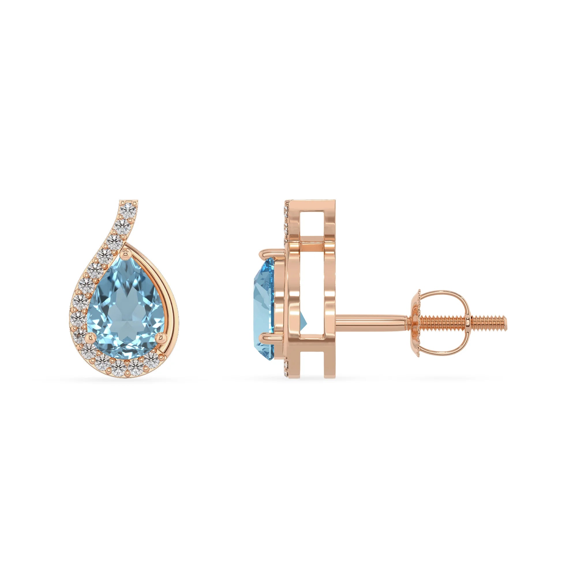 lab grown aquamarine pear stud earrings in rose gold