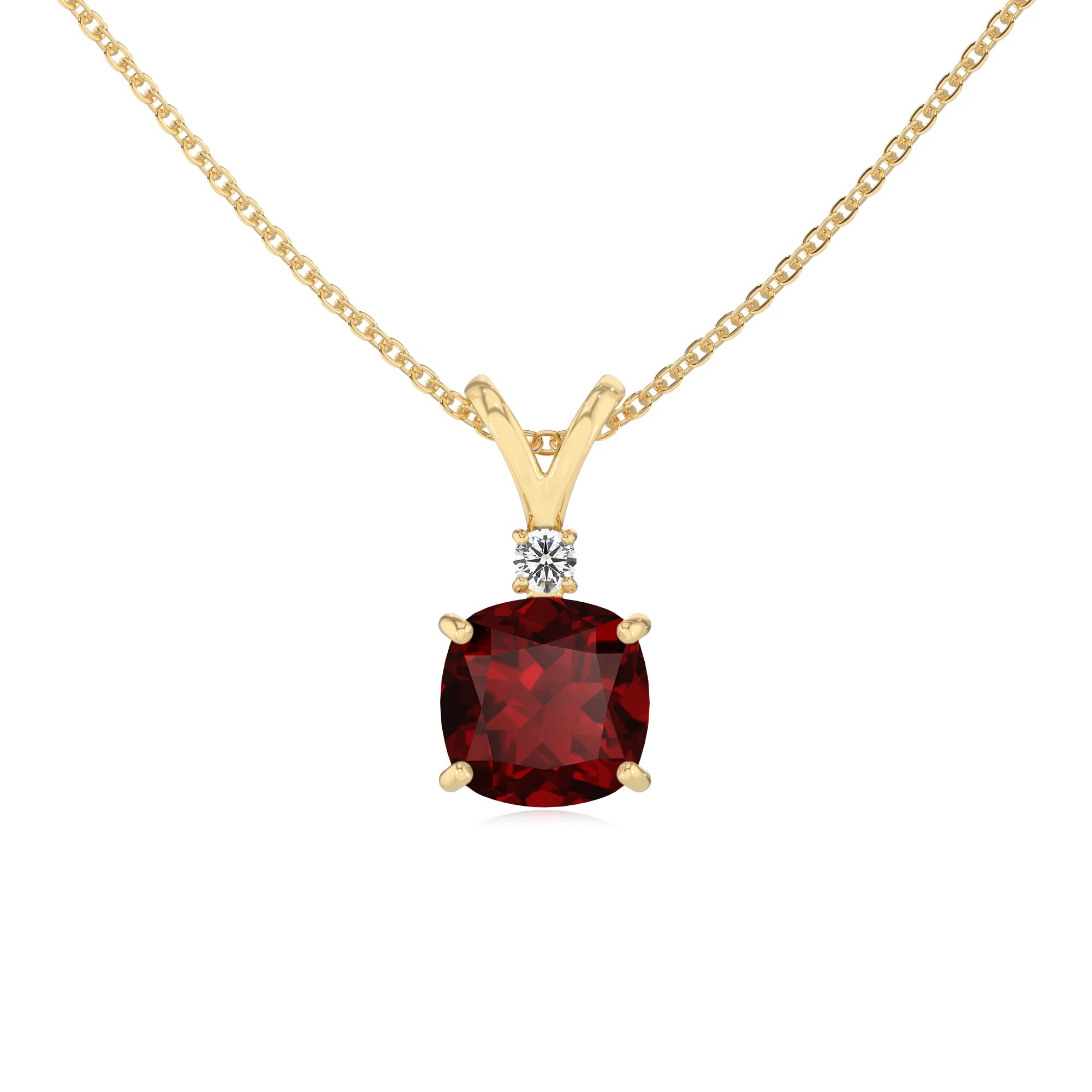 natural garnet cushion solitaire v-bale necklaces in yellow gold